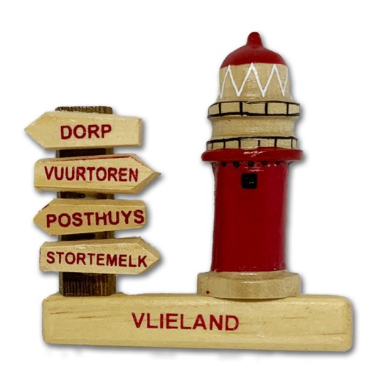 Magneet Hout Vlieland Wegwijzer met Vuurtoren Magneet Hout Vlieland Wegwijzer met Vuurtoren